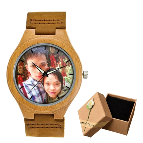 Уникальные персональные индивидуальные часы с фото принтом бамбуковые деревянные часы для мужчин и женщин винтажные часы семейный подарок Прямая поставка - Цвет: brown watch with box