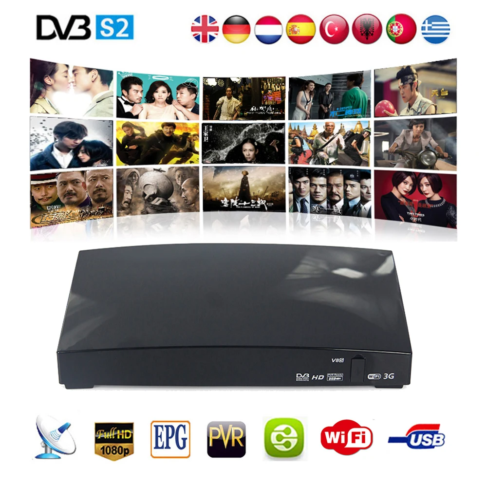 

V8S Satellite Receiver DVB-S2 Full HD 1080P HD Inb Decoder MPEG-5 Support Bisskey WEB TV Youporn YouTube Newcamd 3G DLAN