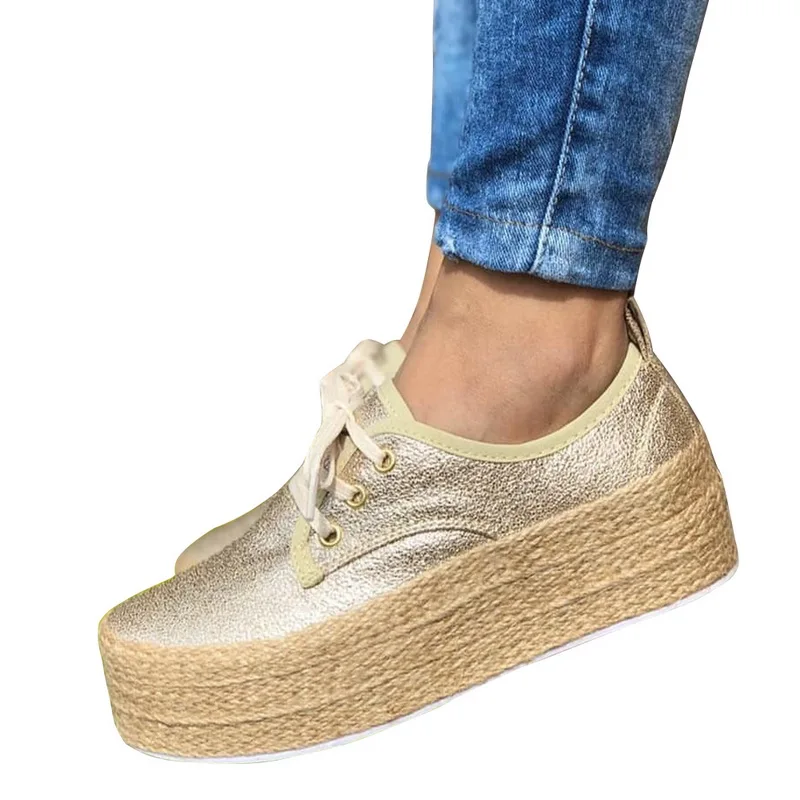 

Women Fashion Bling Platform Solid Flats Shoes Ladies Casual Breathable Lace Up Sneakers