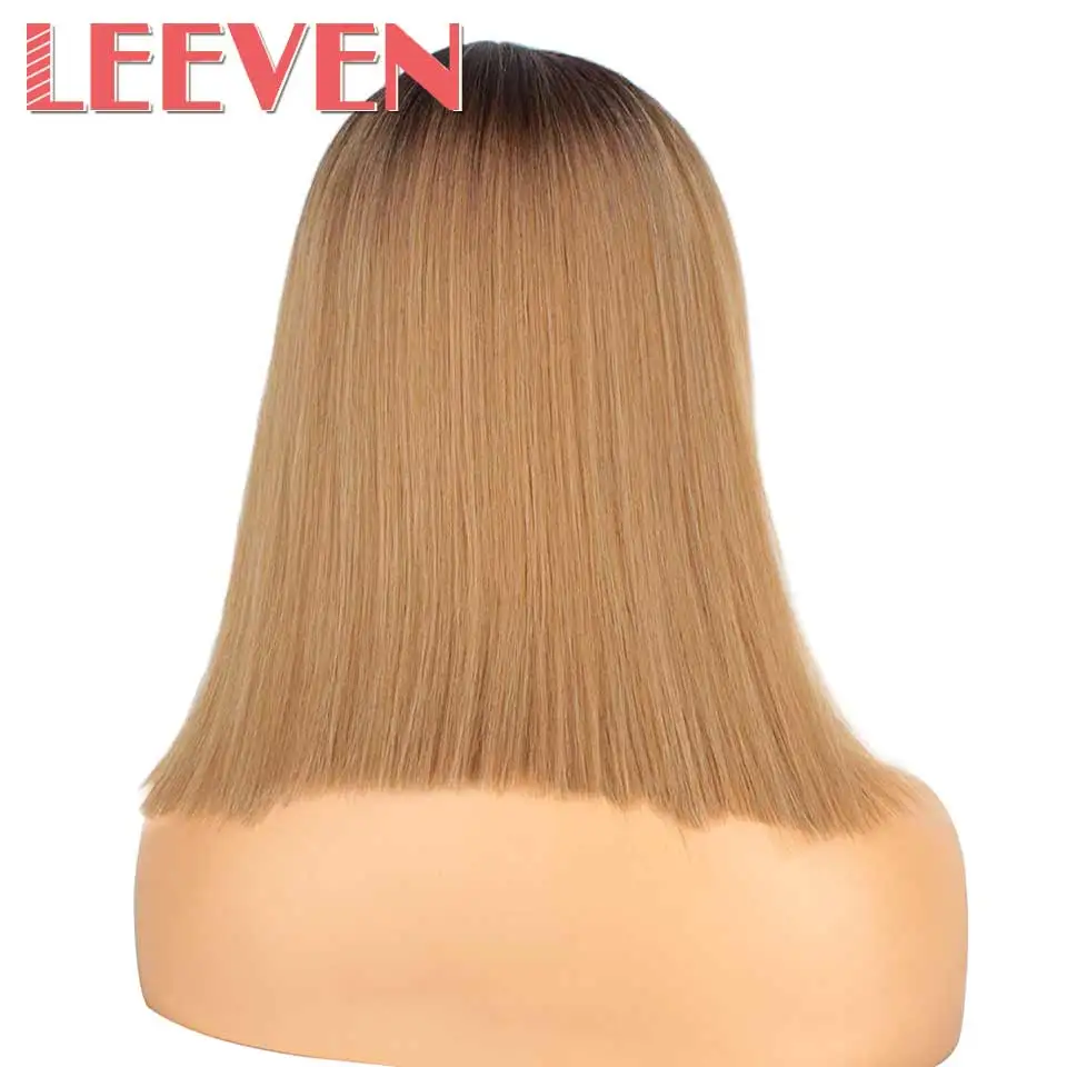 Leeven прямые волосы синтетический парик на кружеве короткий боб парик 1" T часть парики для женщин черный натуральный цвет - Цвет: T1B/27