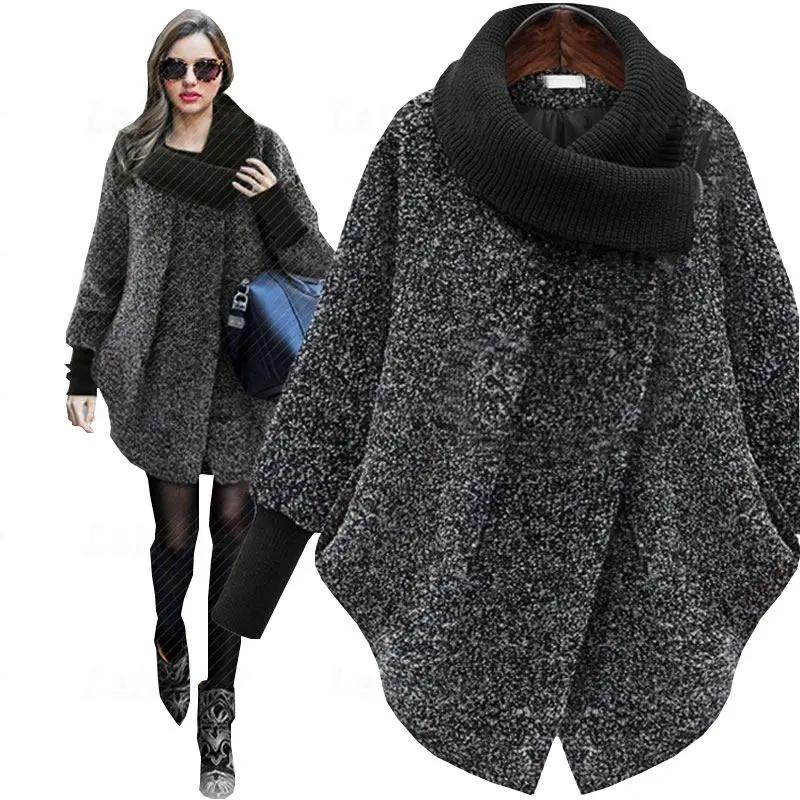 

Autumn Winter Wool Coat Women Woollen Cloak Laipelar 2018 New Thick Cashmere Cape Jacket Knitted Turtleneck Poncho Top Plus size