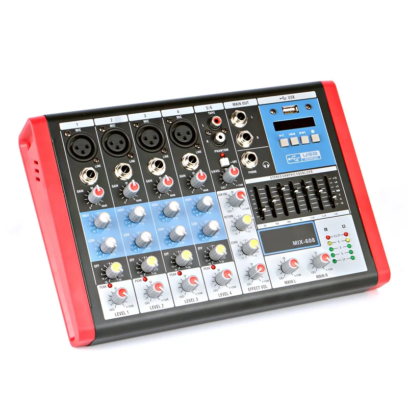

Professional 6 Channels Audio Mixer Console Mixing Sound Equipment Amplifier Equalizer DJ Stage Line In Out 48 V Phantom Power