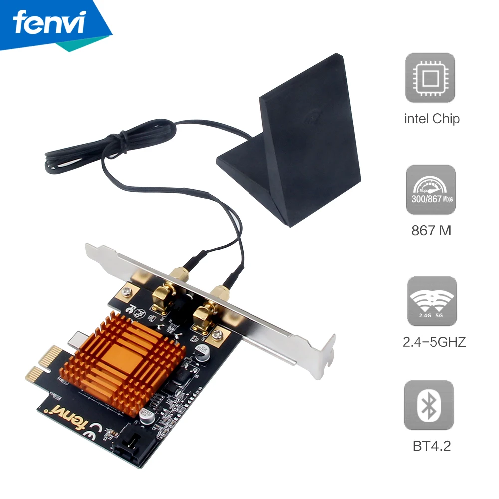 

Fenvi Dual Band 802.11ac MU-MIMO Intel AC1200 WiFi+Bluetooth 4.2 Desktop Wireless PCI Express Adapter PCI-E Wlan 2.4Ghz/5G 867M
