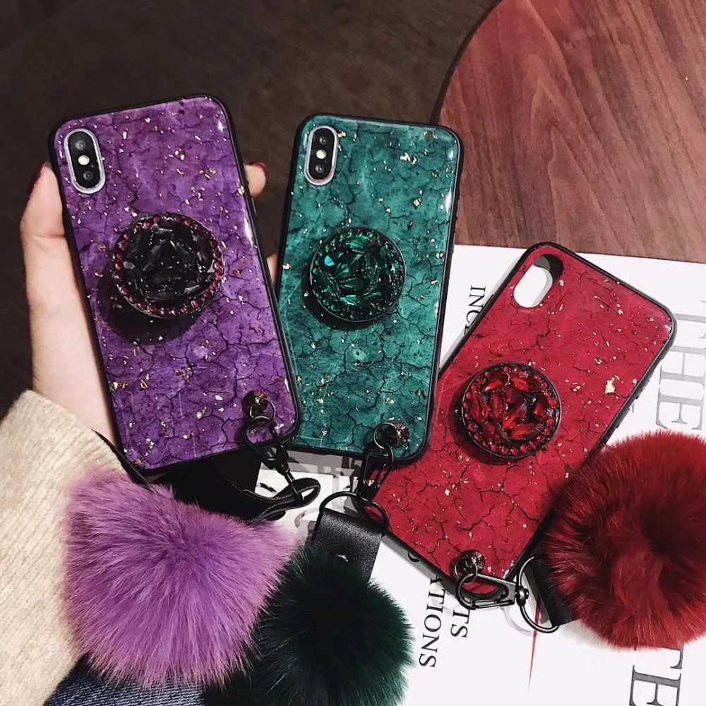 

50pcs DHL Phone Cover Cases for Iphone Xs Max Xr X 6 6S 7 8 Plus 6Plus with Air Bag Stand holder Bracket Fur Ball Hand Strap