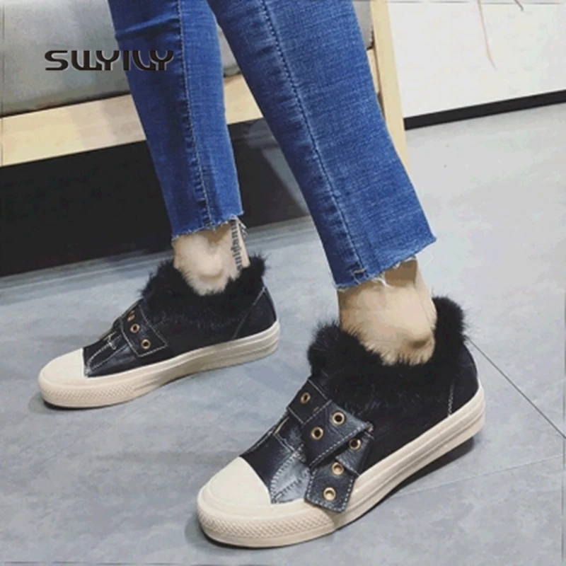 SWYIVY Women Skateboarding Shoes Winter Warm Plus Velvet Sneakers Women 2018 New Flat Heel Hook&Loop Women Winter Warm Shoes