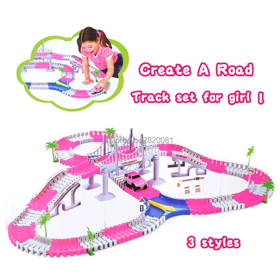 

Track car Create a road flexible race track with electronic rail car set,pink for girl gift educational puzzle DIY toy 3tyles