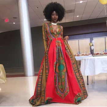 

Robe Africaine Riche 2019 Women African Clothing Dress Direct Selling Polyester New Court Vintage Printed V Collar Clothes