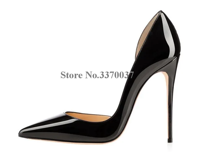 Linamong Sexy Patent Leather Pointed Toe Shallow Stiletto Heel Pumps 12cm Nude Black Shining High Heels Formal Dress Shoes 2