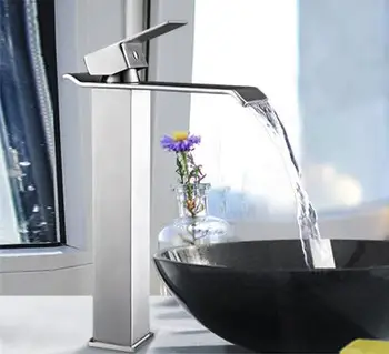 

Basin Faucets High Arched 304 Stainless Steel Brushed Bathroom Sink Faucet Waterfall Single Handle Basin Mixer Tap Bath YD-619