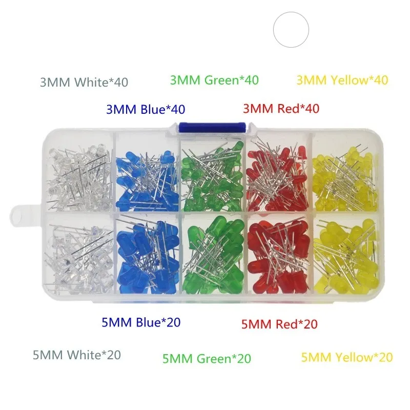 

Thinary Electronic 300PCS/Lot 3MM 5MM Led Kit With Box Mixed Color Red Green Yellow Blue White Light Emitting Diode Assortment