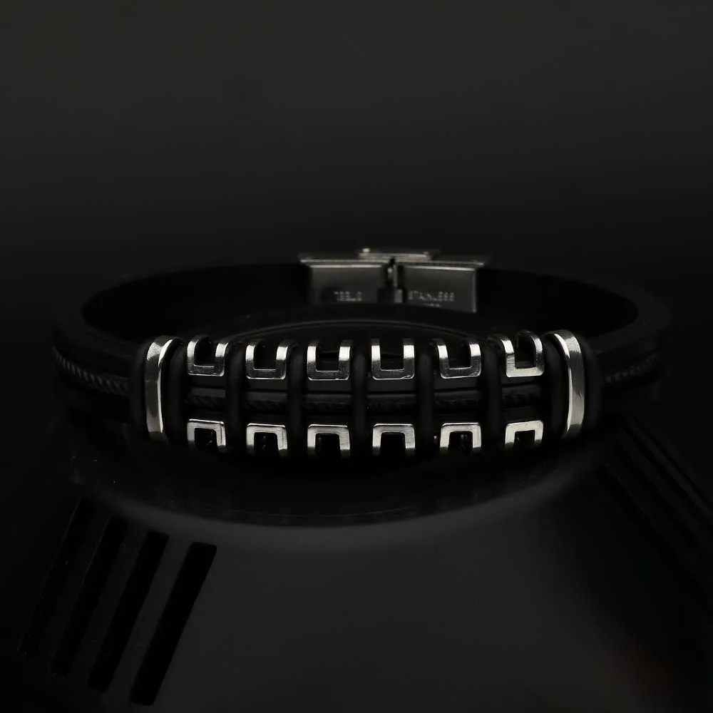 Bracelet Jewelry Trend Jewelry Vintage Black Silicone Cuff Bracelet Personalized Jewelry Rubber Stainless Steel Bracelet Men Pulsera Hombre