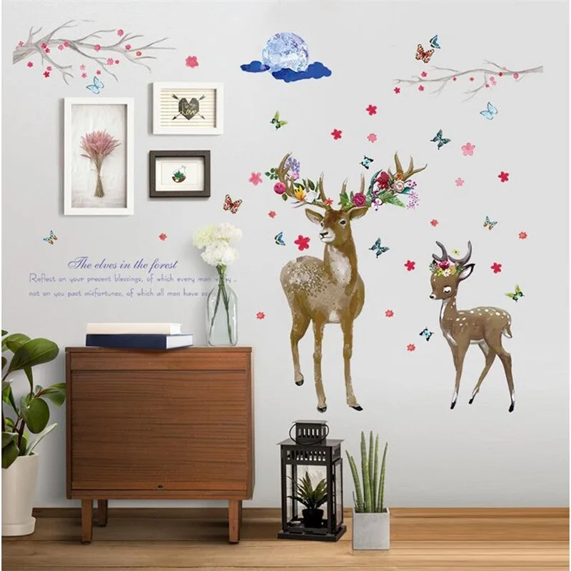 

Cartoon Deer and Flower branch DIY Wall Stickers Living Room Kids Room Nursery PVC Wall Decal Decor Mural Decal Wall Decal