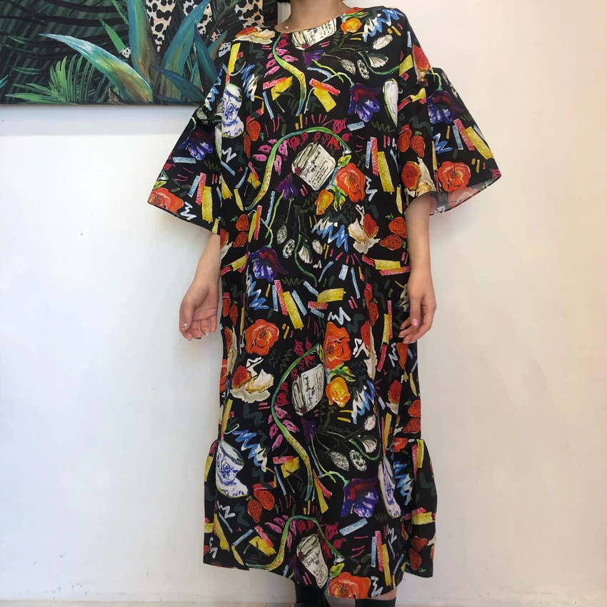 

Summer Fall Korean Antique Ink Graffiti Puff Sleeve Club Dress for Women Retro Print Loose Women's Dresses Harajuku Style
