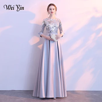 

WEIYIN 2019 New Evening Dress The Banquet Elegant Gray and Navy Blue 3/4 Sleeves Satin Sequins Long Party Formal Gown