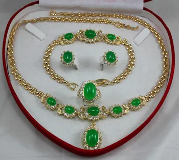 

2 choices wholesale new green jade 10*14mm ring(#7.8.9) 18" chain pendant necklace stud earrings &bracelet jewelry set004