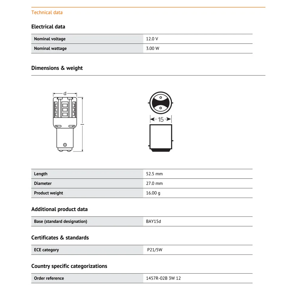 OSRAM СВЕТОДИОДНЫЙ riving Стандартный подходящий светодиодный S25 P21/5 W 1457R красный цвет Автомобильный сигнальный светильник поворота Противотуманные фары лампы заднего хода(две