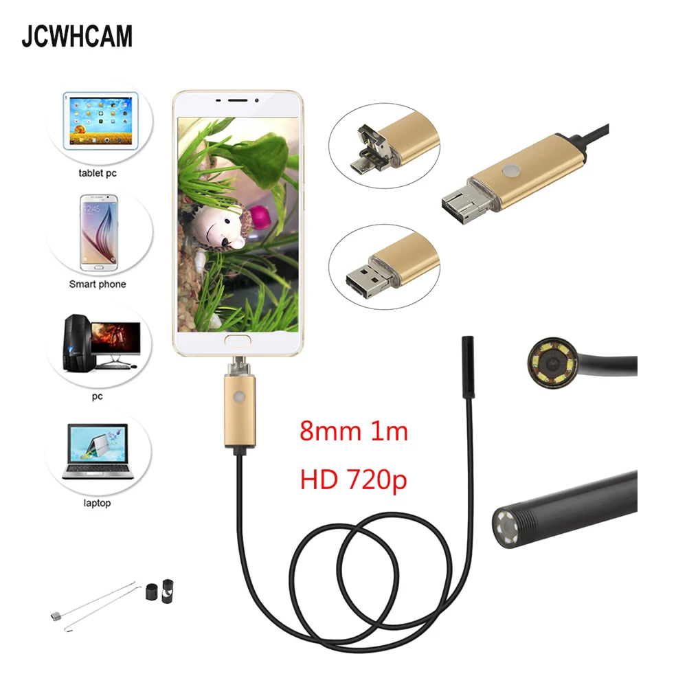 JCWHCAM 8mm Camera Lens 1M 2M 5M Waterproof 6 LED Android Endoscope Mini USB Cable Endoscope Inspection Camera Hd 1280*720 720p jcwhcam 7mm hd android usb endoscope 2m 1m cable 6 leds inspection otg borescope endoscope waterproof mini camera for android pc