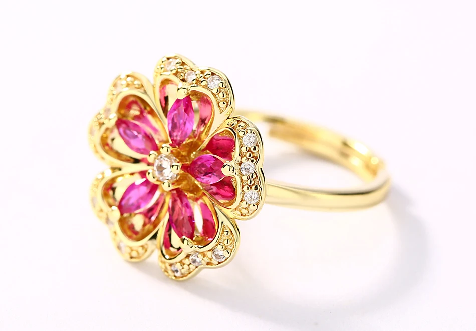 ALLNOEL Gemstone Ruby Flower Jewelry Set Real 925 Sterling Silver Red Corundum Ring Stud Earrings For Girl Women's Jewellry Gift (15)
