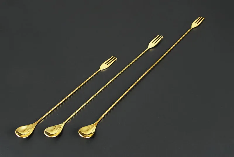 Creative golden anti-fork long metal bar spoon fork bar stirring cocktail spoon