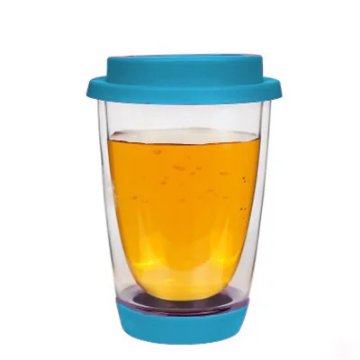 Стеклянная кружка для кофе с двойными стенками, термостойкая стеклянная чашка с силиконовой крышкой и основанием, двойная чашка - Цвет: Blue