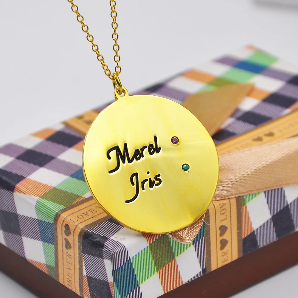 

Disc Engraved 2 Names, 1.2 inch Custom Name Necklace with Birthstones, Personalized Jewelry