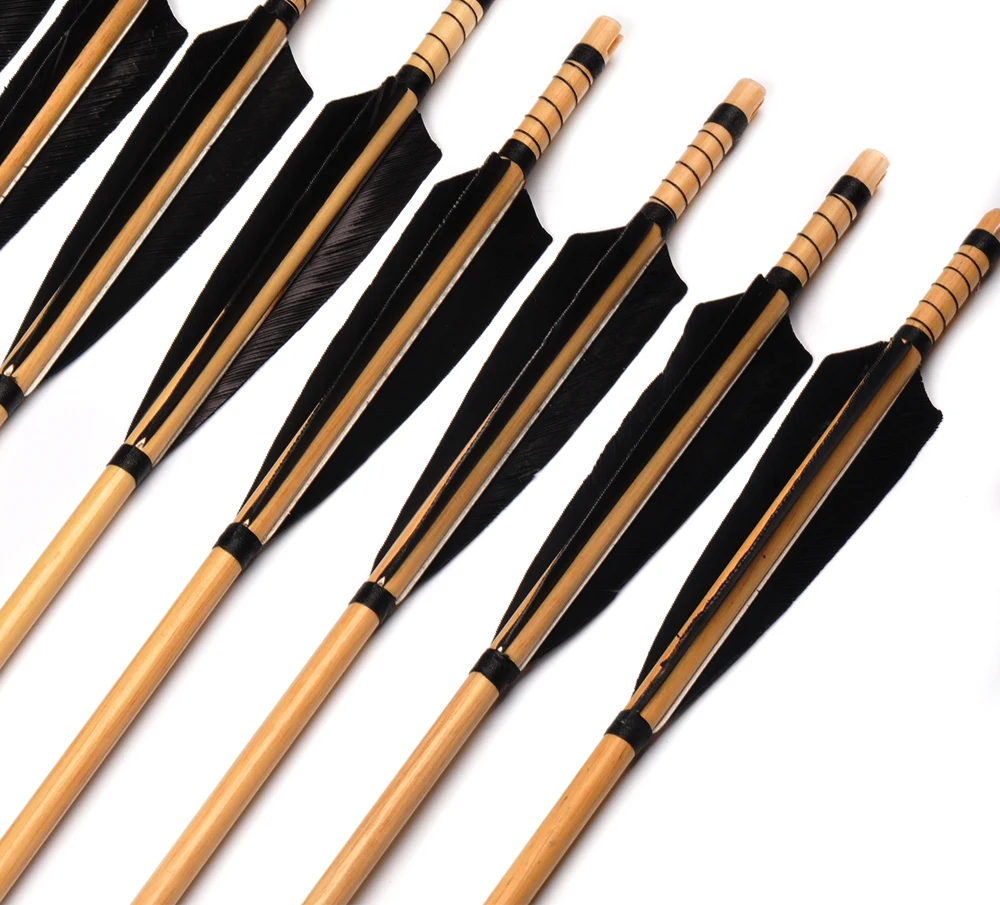 Setas de Madeira com Pontas de Setas e Perus Pena para Recurvo 85cm Espinha 500 Pretos Longbow Caça Tiro 6 - 12 24 Pçs 18 6 12 24 pçs 85cm espinha 500