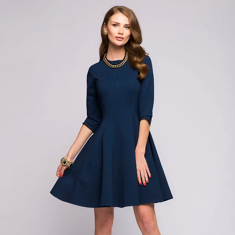 Women Elegant Vintage Chest Zipper A Line Dress Ladies Three Quarter O Neck Party 2018 Autumn New Fashion Mini | Женская одежда