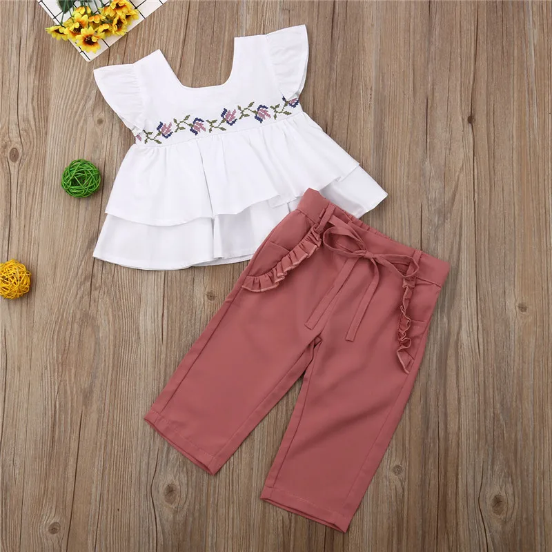 

Kids Baby Girls Clothes Sets Embroidery Flower Ruffles Tops T-shirt 1-7Y Casual Bow Pockets Pants 2Pcs Summer Child Girl Outfits