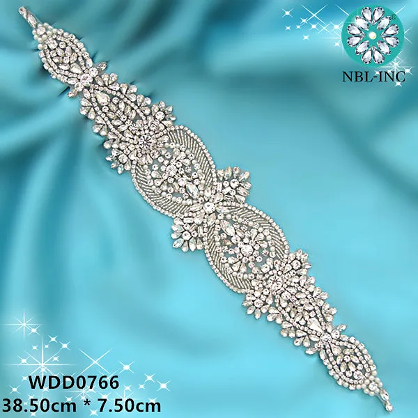 

1PC Silver wedding rhinestone appliques belt gold iron on beaded crystal applique for wedding dresses garment WDD0766