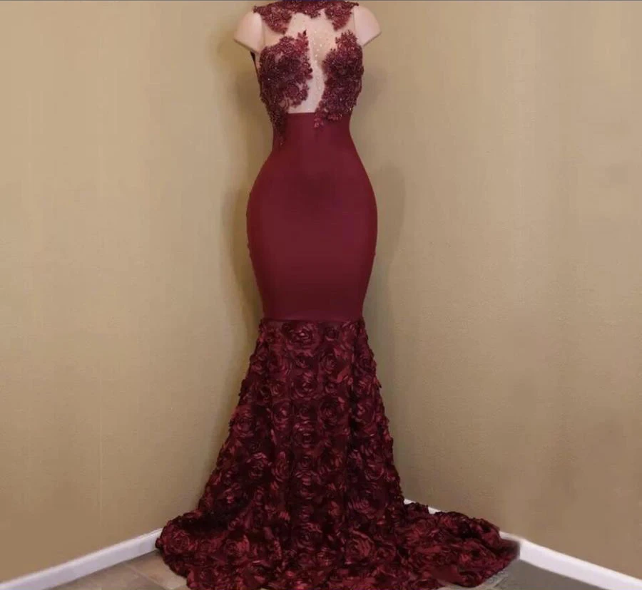 

Beautifulinwhite 2019 Burgundy Mermaid Prom Dresses Lace Appliques 3D Floral Bottom Black Girls Evening Graduation Dress DP0471