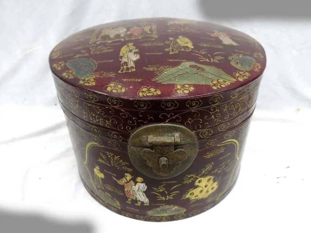 

10" China old wood lacquer fine figure painting red Box workbox hussif Statue