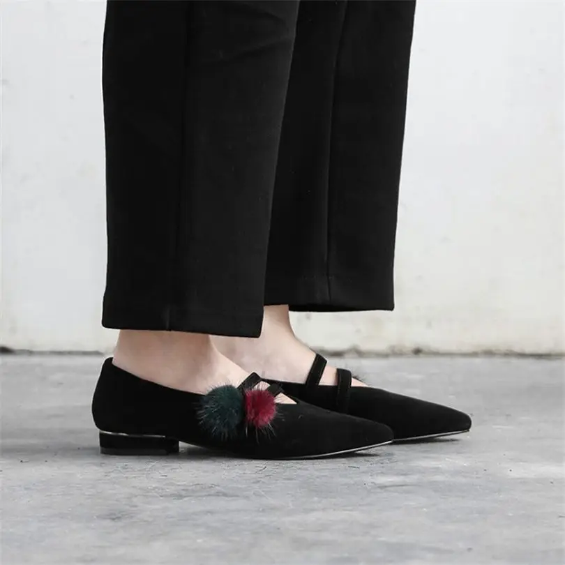 

NAYIDUYUN Women Genuine Leather Low Heel Winter Pumps Shoes Pointed Toe Fox Fur Wedding Mary Janes Lady Slip On Party Oxfords
