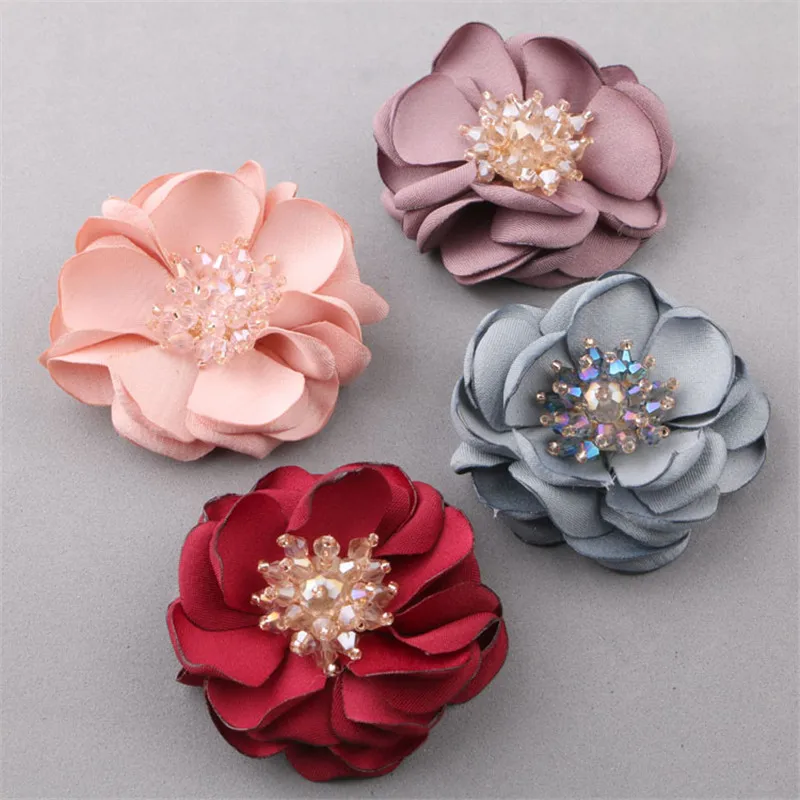 

New 10PCs/Lot Crystal Rhinestone Core Fabric Chiffon Flowers Floral Handmade Patch Sticker Craft Fit Girls Hair Jewelry Clip DIY