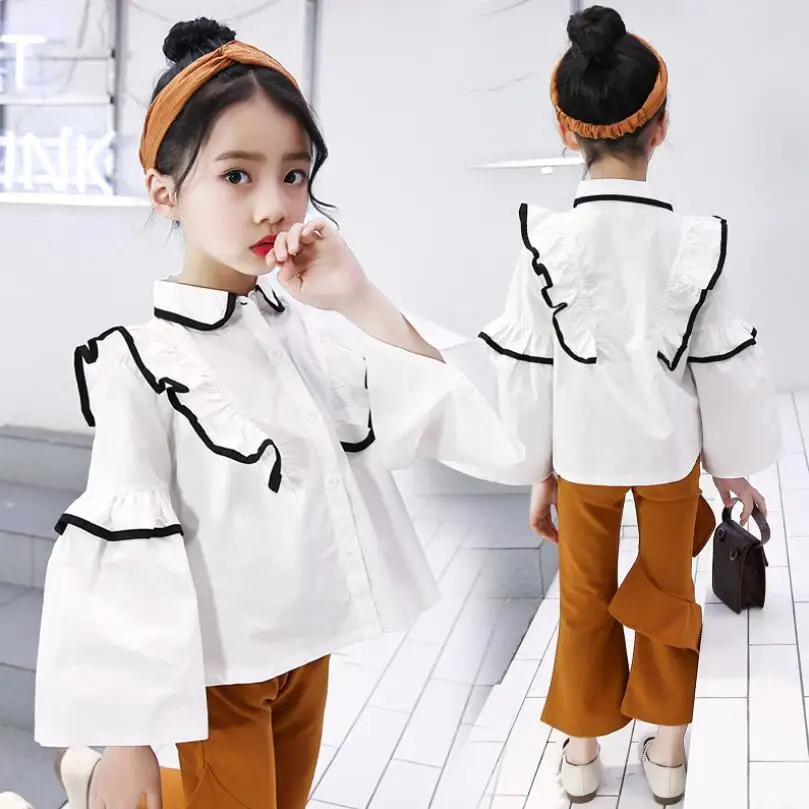 

2018 Autumn Spring Toddler Teenage Clothes White Ruffles Girls Shirts Kids Children's Long Sleeve Girl Tops And Blouse JW3448A