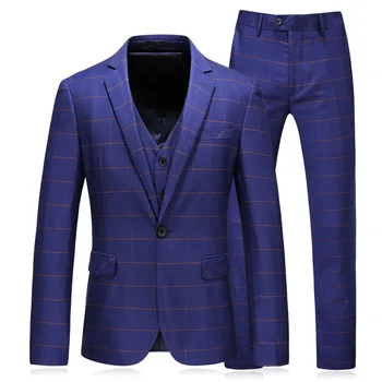 

S-5XL 2019 Men's Business Casual Suit Set Blue Simple Gentleman Suit Plaid Texture Three-piece Suit
