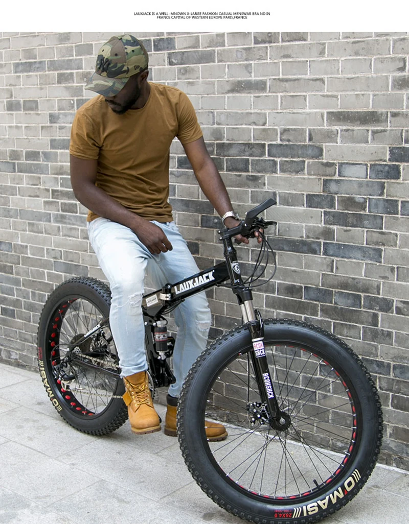 Cheap LAUXJACK Mountain Fat Bike Full Suspension Steel Foldable Frame 24 Speed Shimano Mechanic Brake 26"x4.0 Wheel 2