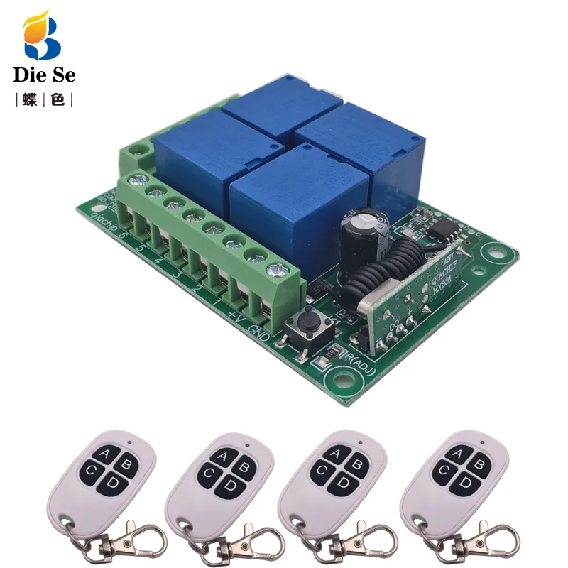 

433MHz Universal Wireless Remote Control DC 12V 4CH Relay Receiver Module RF 4 Button Remote Control Garage door Opener Light