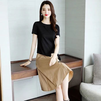 

Fashion Short Sleeve Black T-shirts And Skirts Two Piece Set Summer Korean Fashion Artistic Womens Outfits 2 Pc Set Clothing