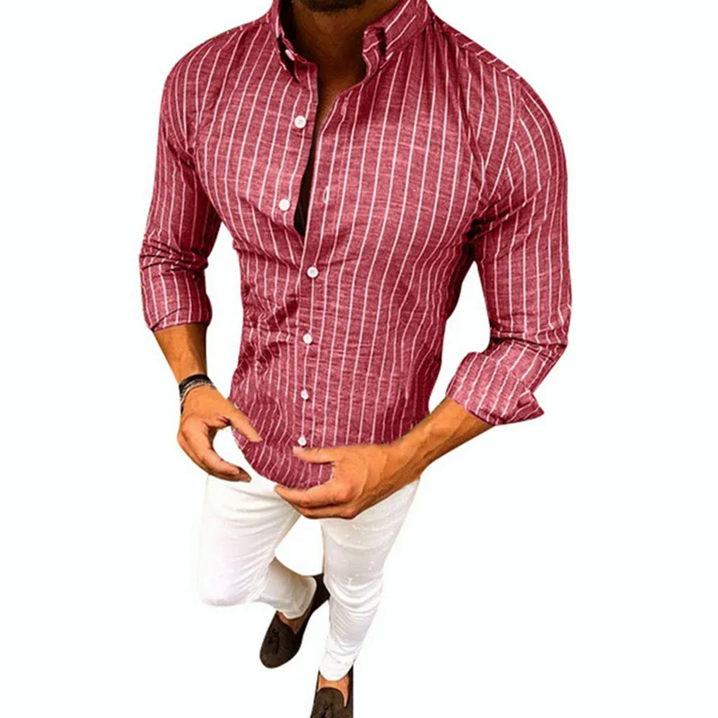 High Quality New Fashion Men Shirt Casual Long Sleeve Striped Slim Fit