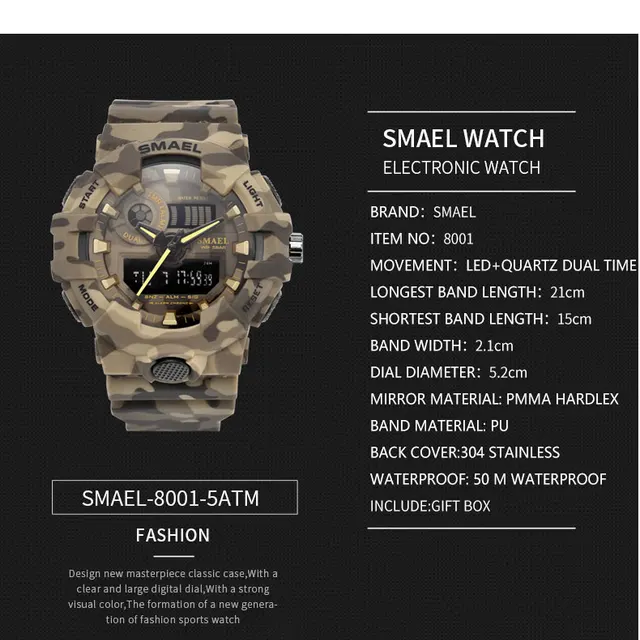Nowy kamuflaż wojskowy zegarek marki SMAEL zegarki sportowe LED zegarek kwarcowy Mężczyźni Sport zegarek na rękę 8001 mężczyźni Army Watch wodoodporny tanie i dobre opinie Quartz Wristwatches Shock Resistant Stop Watch LED display Auto Date Water Resistant Diver Back Light Chronograph Multiple Time Zone Alarm Luminous Repeater Nowy kamuflaż wojskowy zegarek marki SMAEL zegarki sportowe LED zegarek kwarcowy Mężczyźni Sport zegarek na rękę 8001 mężczyźni Army Watch wodoodporny tanie i dobre opinie Quartz Wristwatches Shock Resistant Stop Watch LED display Auto Date Water Resistant Diver Back Light Chronograph Multiple Time Zone Alarm Luminous Repeater