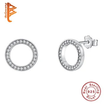

BELAWANG Forever Clear CZ Crystal Earrings 925 Sterling Silver Circle Round Stud Earrings Wedding Jewelry Oorbellen Bijoux