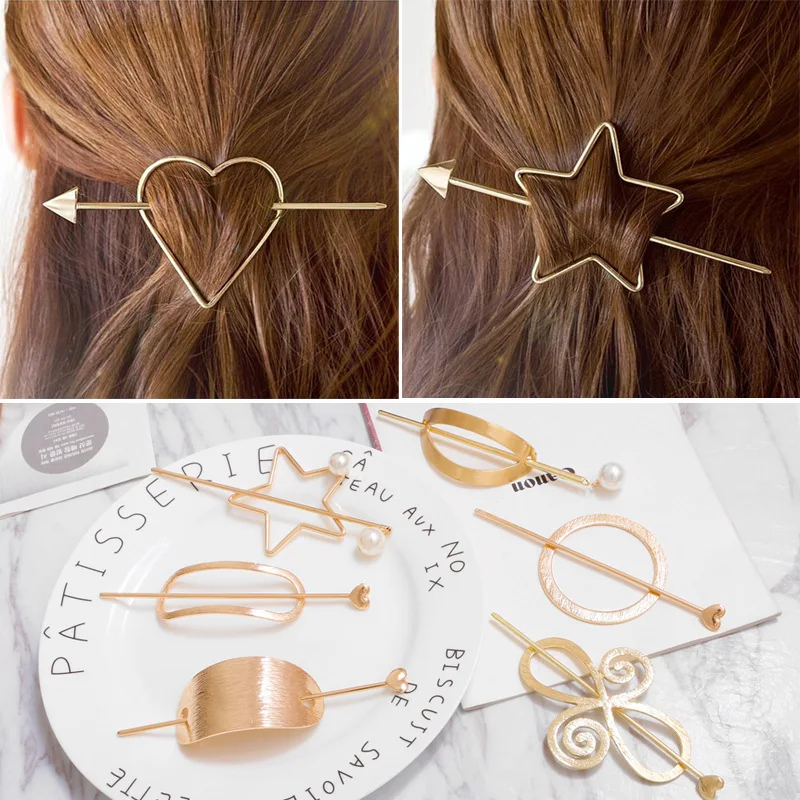 

New Heart Star Geometric Hair Clips for Women Pearls Metal Hairpins Korean Alloy Hair Clasp Gold Silver Gilrs Hair Accessories