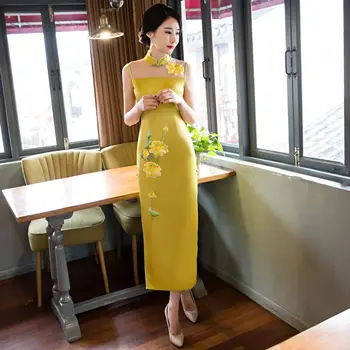 

New Arrival Women's Satin Long Cheongsam 2019 Spring Fashion Chinese Style Dress Slim Qipao Vestido Flowers Size S M L XL XXL