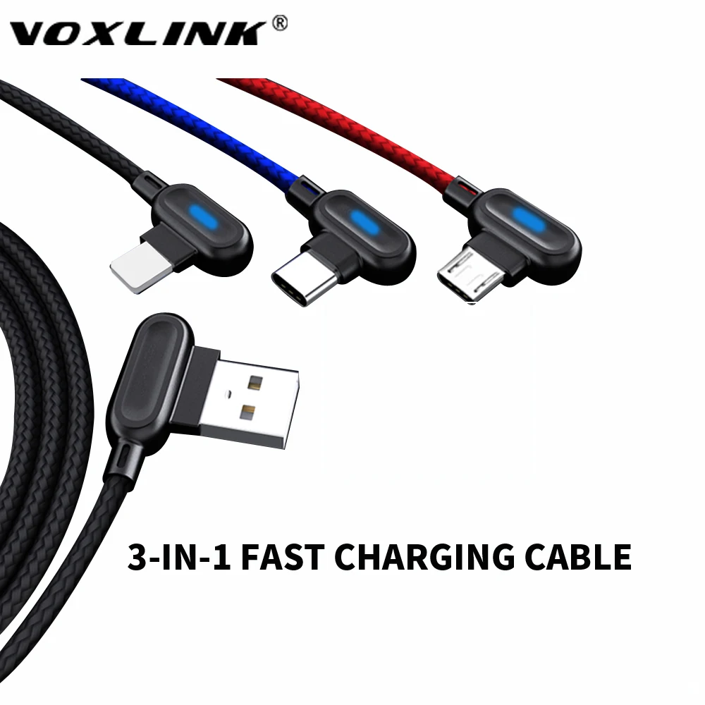 VOXLINK USB кабель 3 в 1 для iPhone 6S XS 90 градусов зарядное устройство Micro usb Android type C кабели