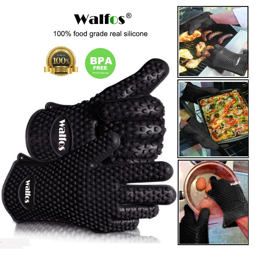 WALFOS 1 կտոր սննդի դասարան Heերմակայուն սիլիկոնե Խոհանոց խորովածի վառարան ձեռնոց Խոհարարություն BBQ Գրիլ Ձեռնոց Գազ