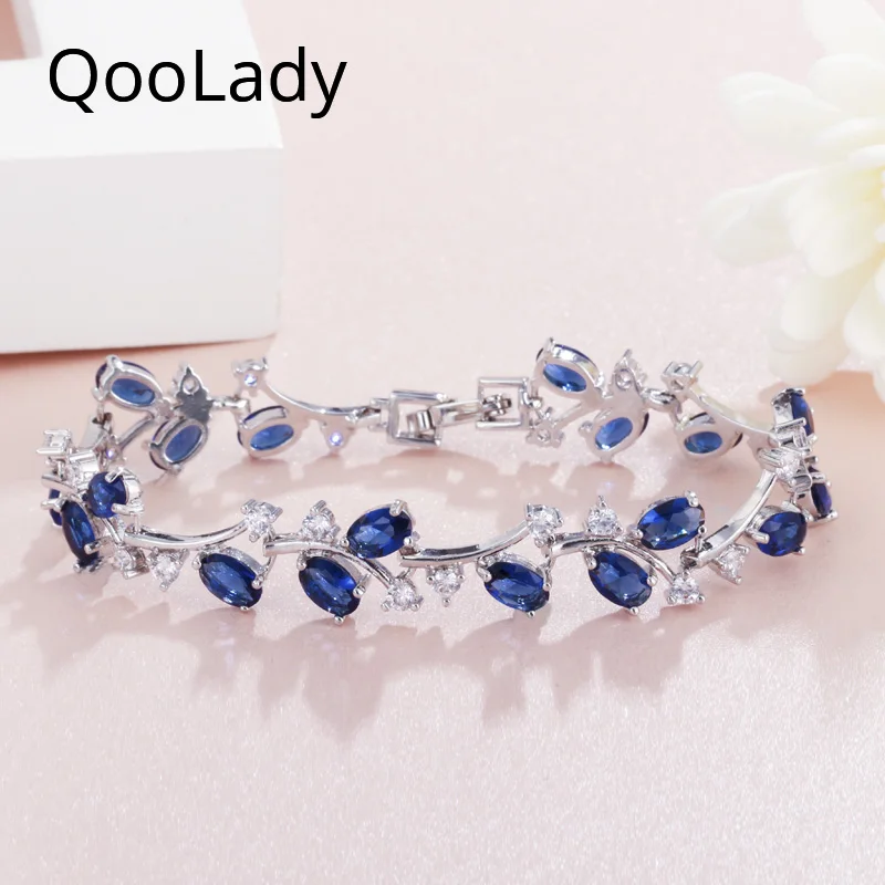 

QooLady Sparkling 6 Colors Dark Blue Cubic Zircon Exquisite Irregular Leaf Bracelets Bangles for Women Jewelry Accessories S003