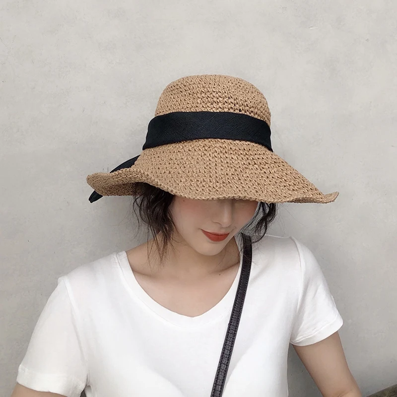 Женские солнцезащитные шляпы, соломенная шляпа ручной работы, женская пляжная шляпа с бантом из ленты с широкими полями, Повседневная летняя кепка с защитой от уф, черная риббо