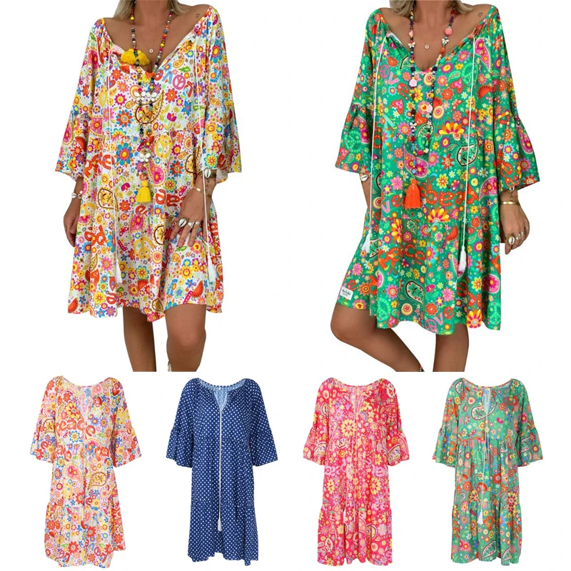 

Women Summer Floral Dress Boho Long Sleeve Dress Holiday Beach CasualCostume
