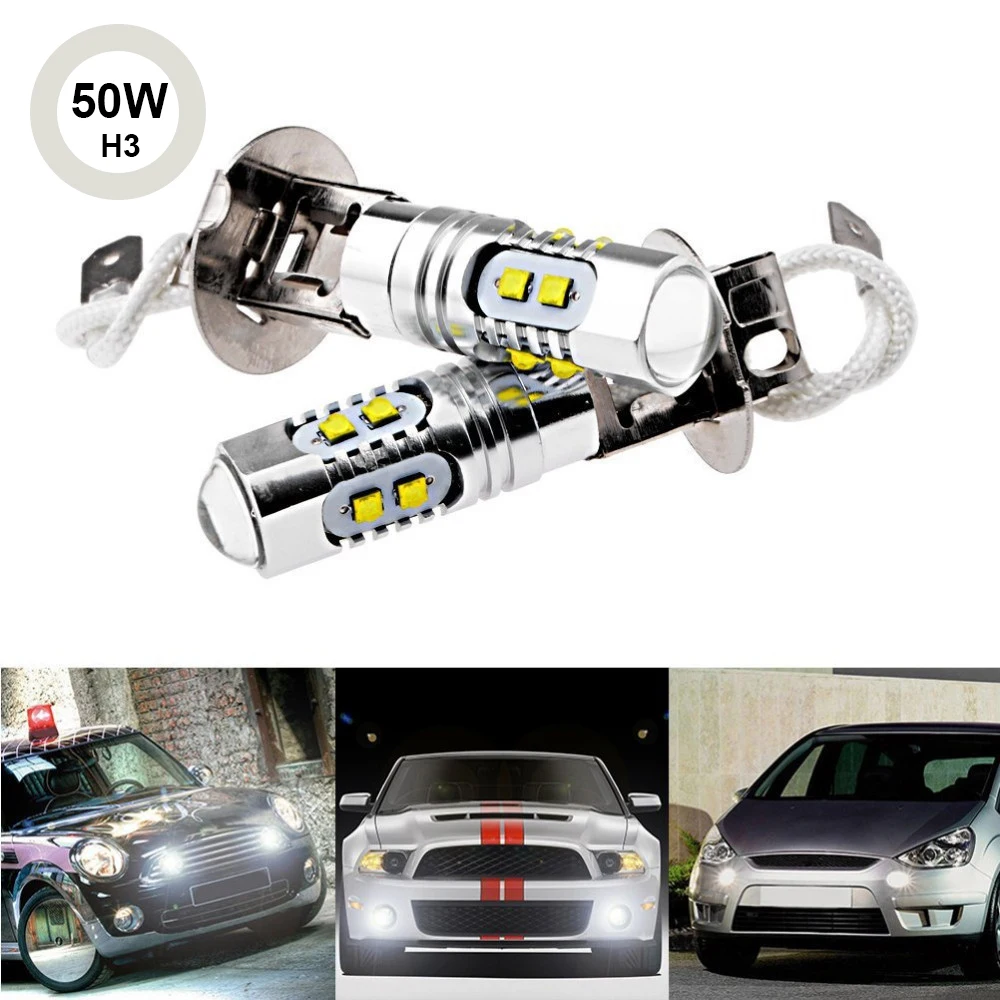 

2Pcs Car LED Fog Light H3 50W bulb Headlights auto lamps External light source 6000K super bright H3 50W LED Fog day lights