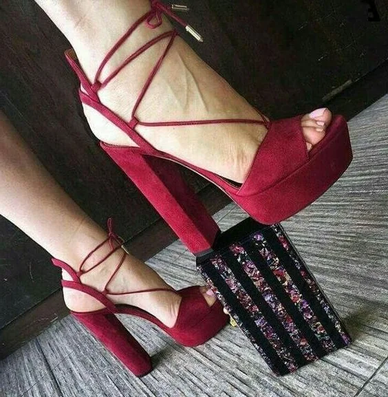 Burgundy Suede Chunky Heels Peep Toe 